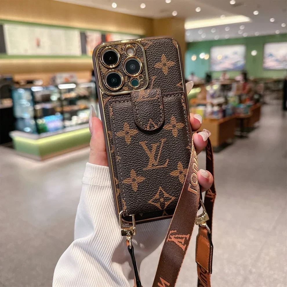 Luxury Monogram Crossbody Wallet Phone Case with Card Pocket Strap
