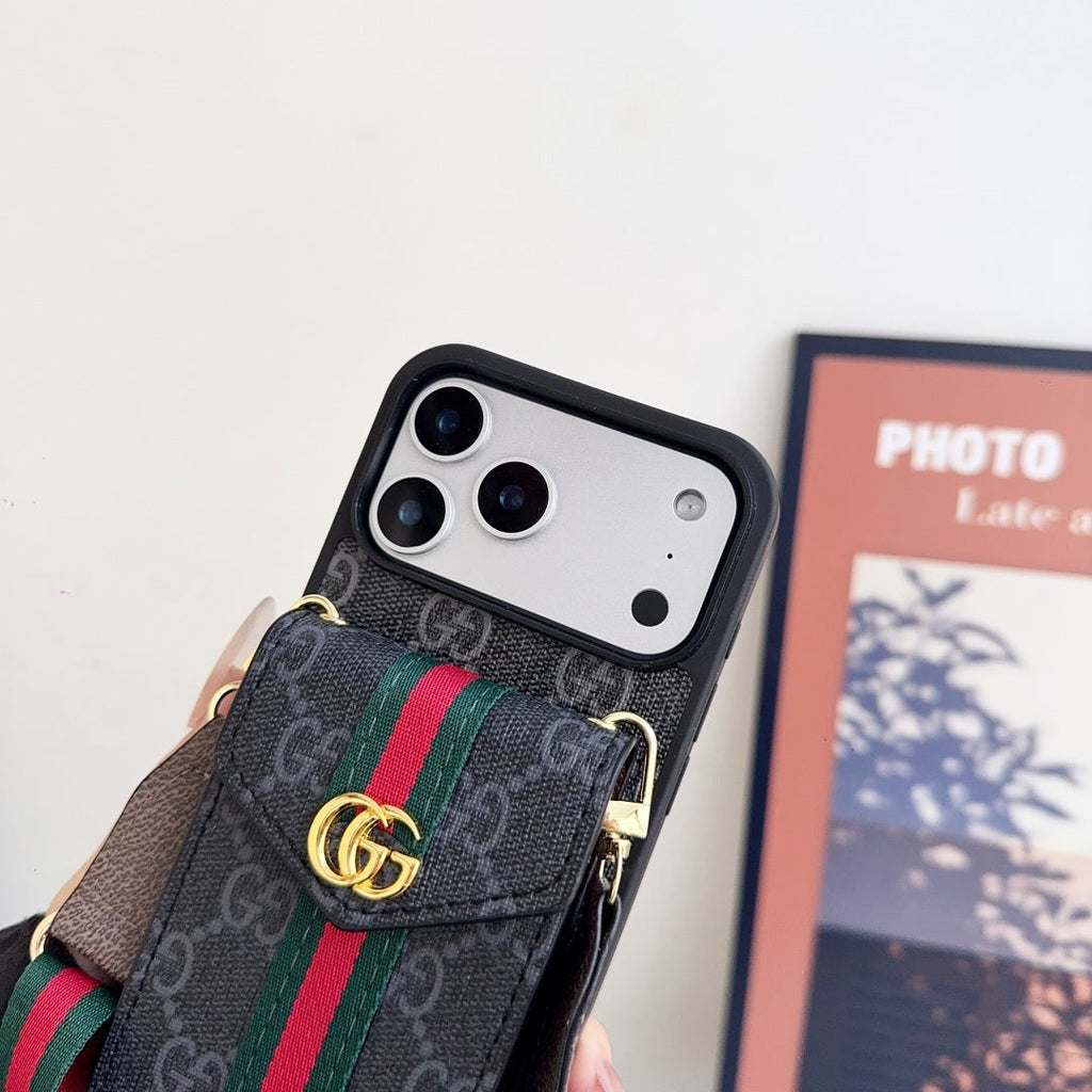 Leather iPhone Case With Card Wallet And Strap