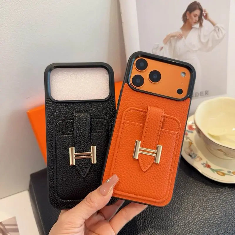Designer Leather Phone Cover Card Slot For iPhone 12-17 Series