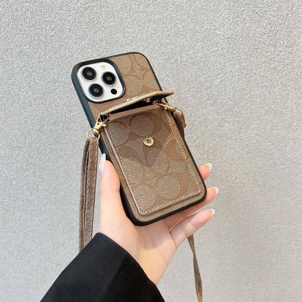 Classic iPhone Case With Card Holder And Strap Light Brown