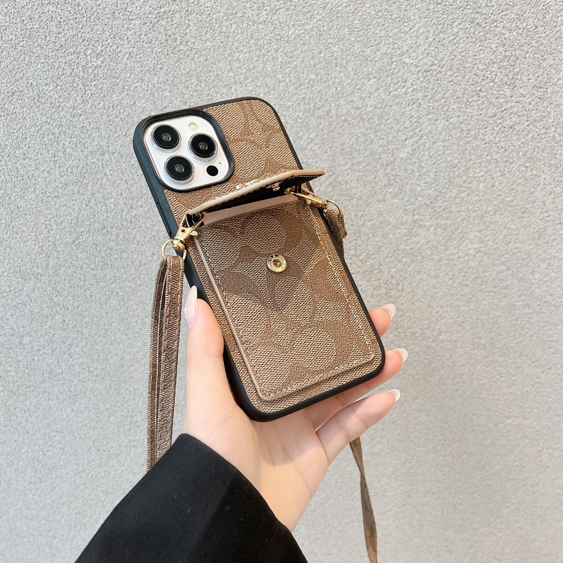 Classic iPhone Case With Card Holder And Strap Light Brown