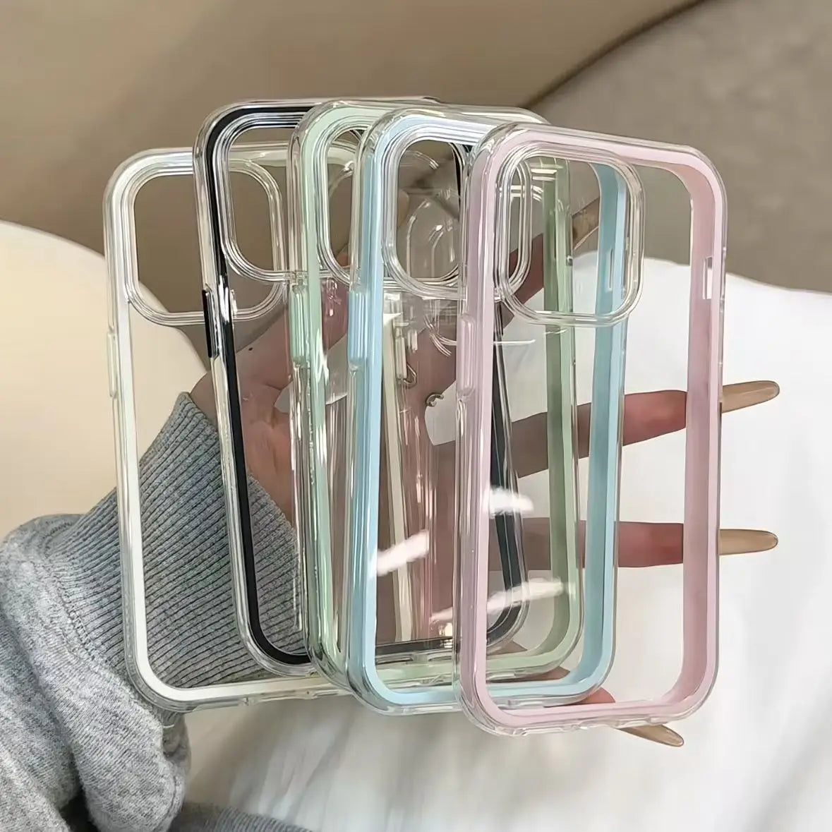 Luxury Candy Color Frame Clear Back Phone Case For iPhone 17 16 15 14 13 12 Pro Max- Acrylic Shockproof Bumper Cover