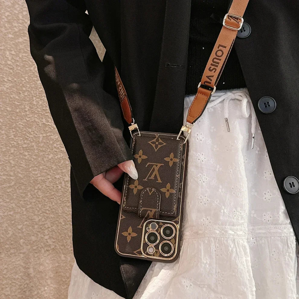 Luxury Monogram Crossbody Wallet Phone Case with Card Pocket Strap