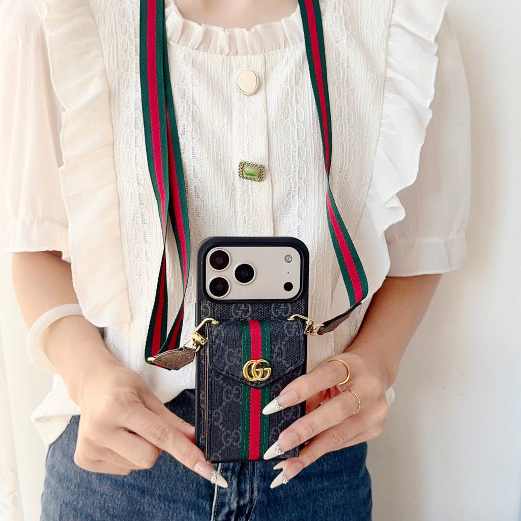 Leather iPhone Case With Card Wallet And Strap
