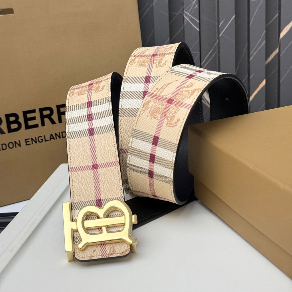 Men‘s Leather Belt Monogram Buckle / Check Pattern – Premium Leather Belt