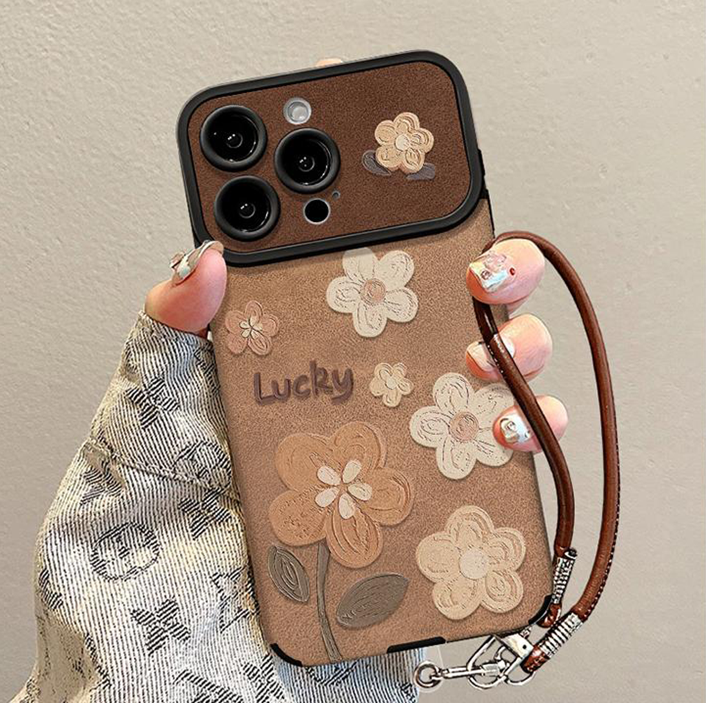 Floral Leather Phone Case with Detachable Wrist Strap – Slim Luxury Protective Cover