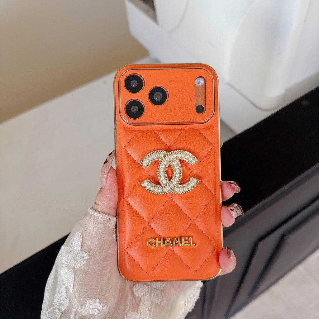 Leather Phone Case Diamond Logo with Gold Label For iPhone 17/ 16 /15 / 14