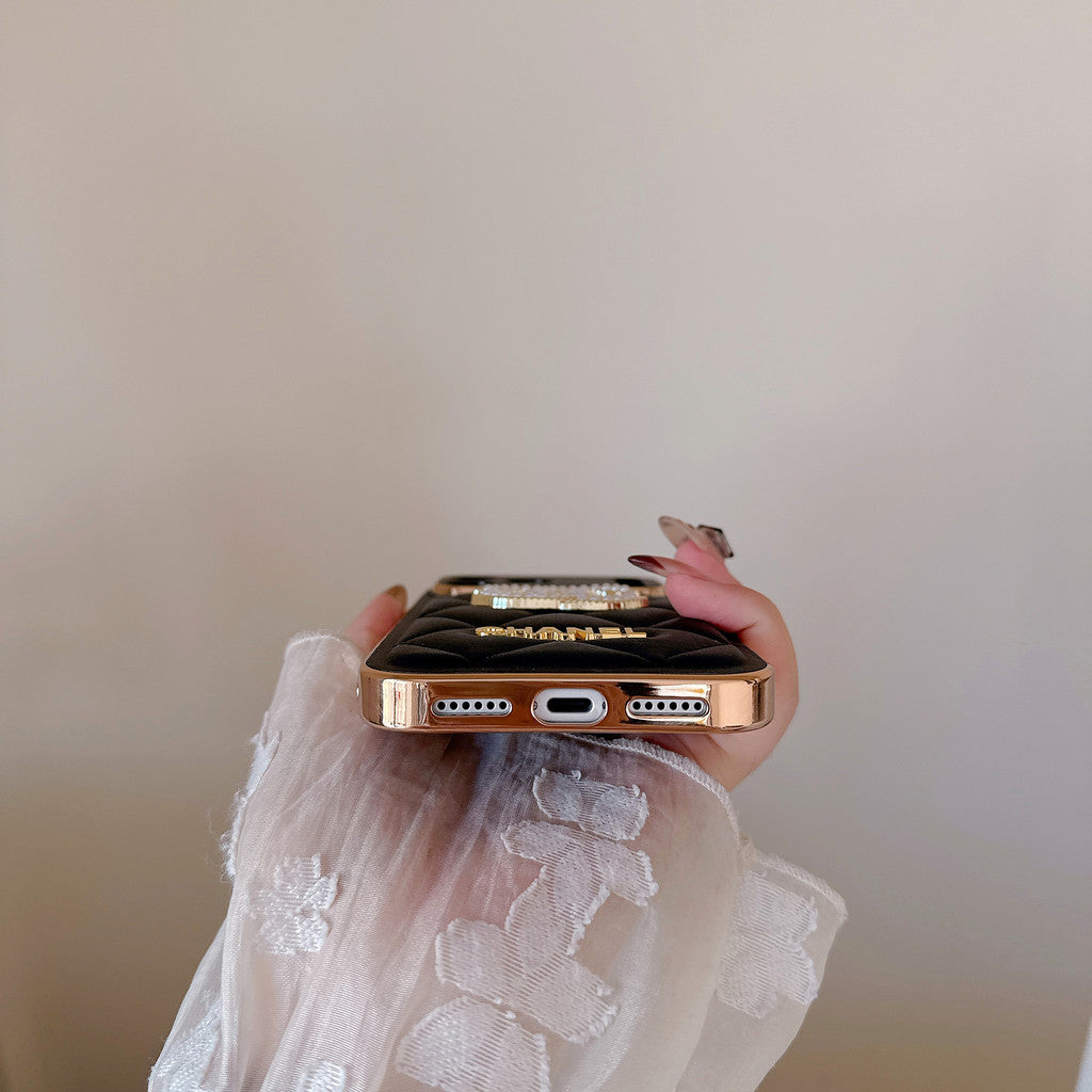 Leather Phone Case Diamond Logo with Gold Label For iPhone 17/ 16 /15 / 14