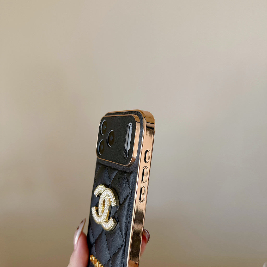 Leather Phone Case Diamond Logo with Gold Label For iPhone 17/ 16 /15 / 14